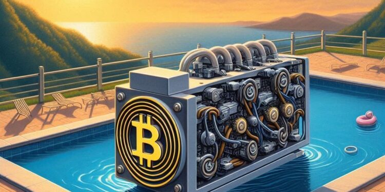 Una piscina desconectada de una generador que se parece a un ASIC de Bitcoin, estilo rene magritte