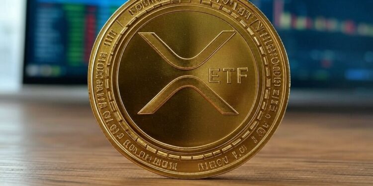 Imagen de moneda de XRP y ETF.