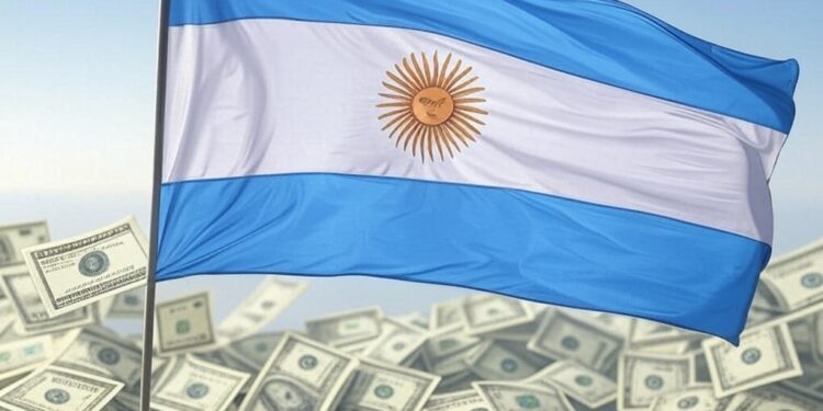 bandera de argentina sobre billetes de dolares estadounidenses.