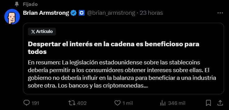 brian armstrong publica un ensayo en X