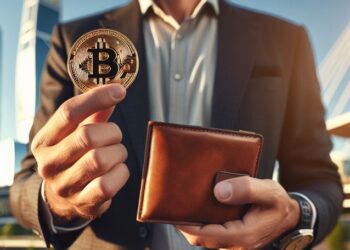 Imagen de IA de alguien sosteniendo una moneda de bitcoin y una cartera.