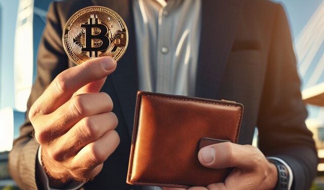 Imagen de IA de alguien sosteniendo una moneda de bitcoin y una cartera.