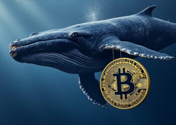 Imagen de ballena y moneda de bitcoin.
