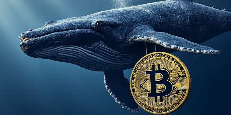 Imagen de ballena y moneda de bitcoin.