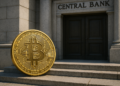 Una moneda de bitcoin en la puerta de un banco central.