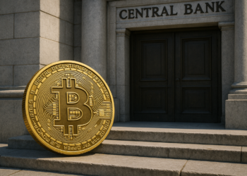 Una moneda de bitcoin en la puerta de un banco central.