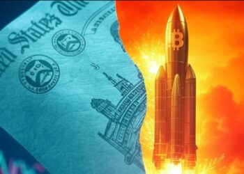Un bono del Tesoro en papel y un cohete con el símbolo de bitcoin despegando
