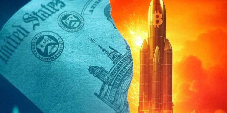 Un bono del Tesoro en papel y un cohete con el símbolo de bitcoin despegando