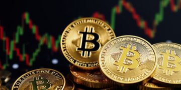 Gráfico de precio genérico y monedas de bitcoin.