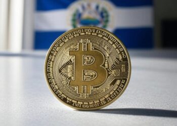 Imagen de bandera de El Salvador y moneda de bitcoin.