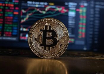 moneda de bitcoin en una mesa, con un gráfico detrás.
