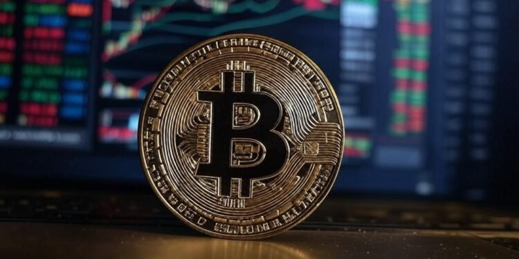 moneda de bitcoin en una mesa, con un gráfico detrás.
