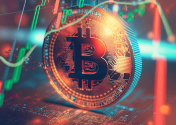 Imagen de moneda de bitcoin y gráficos de precio con luz roja.