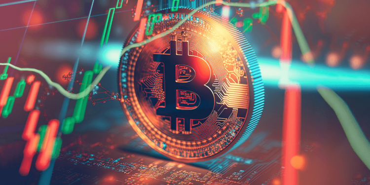 Imagen de moneda de bitcoin y gráficos de precio con luz roja.