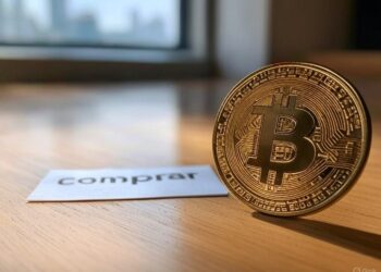 Imagen de una moneda de bitcoin y un cartel que dice "comprar".