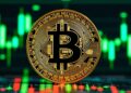Imagen de gráficos de precio de bitcoin en color verde y una moneda de BTC