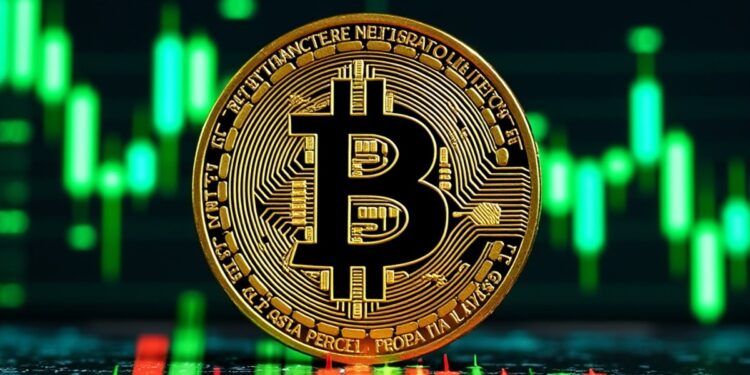Imagen de gráficos de precio de bitcoin en color verde y una moneda de BTC