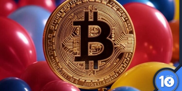 Una imagen generada por IA de bitcoin rodeado de globos de fiesta.