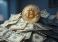 Imagen de dinero, billetes de dólares, y bitcoin.