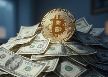 Imagen de dinero, billetes de dólares, y bitcoin.