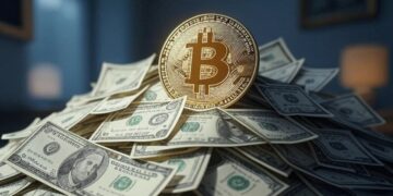 Imagen de dinero, billetes de dólares, y bitcoin.