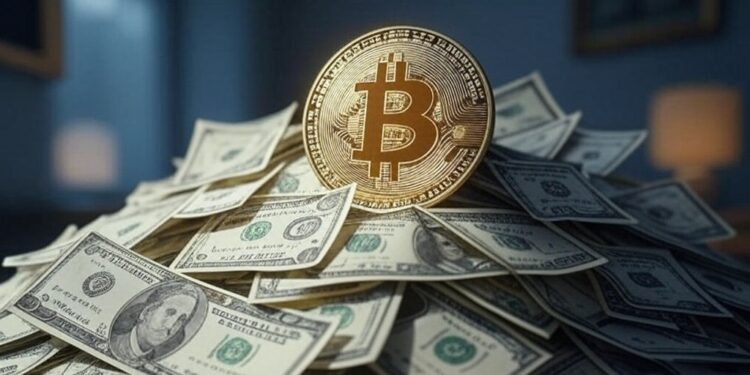 Imagen de dinero, billetes de dólares, y bitcoin.