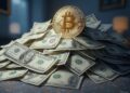 Imagen de dinero, billetes de dólares, y bitcoin.
