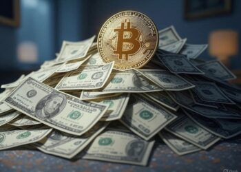 Imagen de dinero, billetes de dólares, y bitcoin.