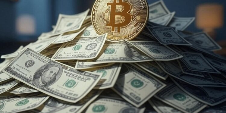 Imagen de dinero, billetes de dólares, y bitcoin.
