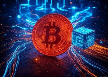 Una moneda roja con el logo de bitcoin rodeada de ondas eléctricas.