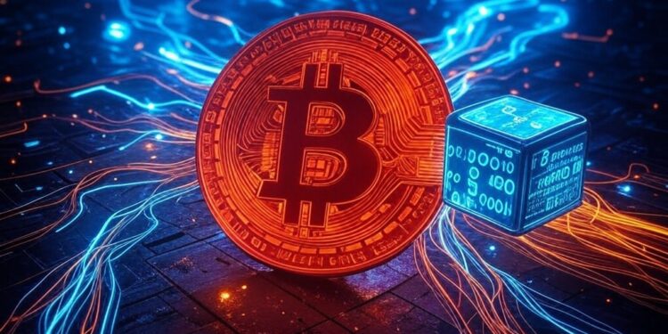 Una moneda roja con el logo de bitcoin rodeada de ondas eléctricas.