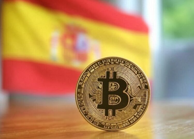 Imagen generada por la IA Grok en la que se muestra una moneda dorada de bitcoin y la bandera de España.