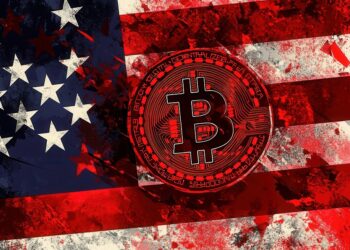 Bandera de Estados Unidos manchada de sangre con una moneda de bitcoin.
