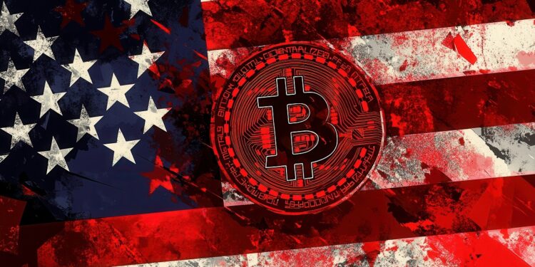 Bandera de Estados Unidos manchada de sangre con una moneda de bitcoin.