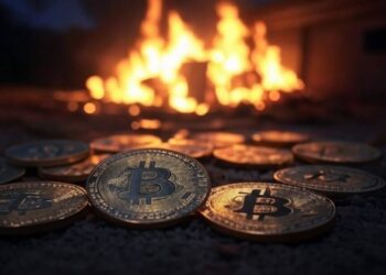 Imagen de IA de un puñado de bitcoin alrededor de un incendio.