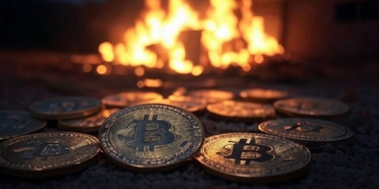 Imagen de IA de un puñado de bitcoin alrededor de un incendio.