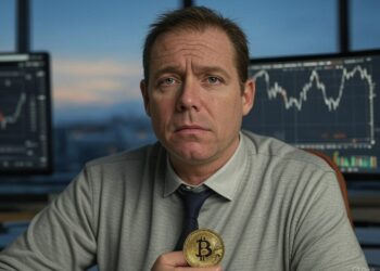 una persona sosteniendo una moneda de bitcoin.