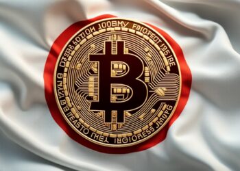 Imagen de bitcoin y la bandera de Japón.