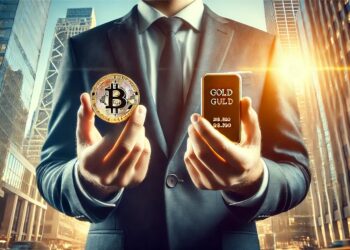 Imagen donde se ve una persona tomando una moneda de bitcoin y una onza de oro, con una luz dorada.