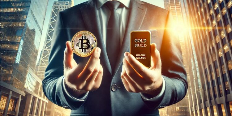Imagen donde se ve una persona tomando una moneda de bitcoin y una onza de oro, con una luz dorada.