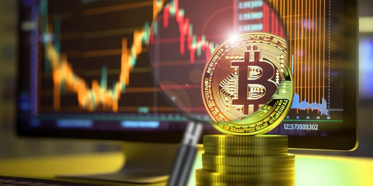Imagen de un gráfico del precio de bitcoin y una lupa de analisis.