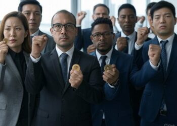Imagen de inversionistas sosteniendo monedas de bitcoin.