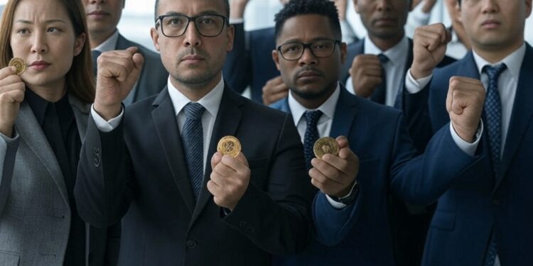 Imagen de inversionistas sosteniendo monedas de bitcoin.