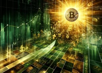 Imagen de bitcoin resplandeciente con luz dorada y verde.