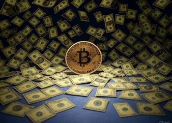 moneda de bitcoin rodeada de dólares.