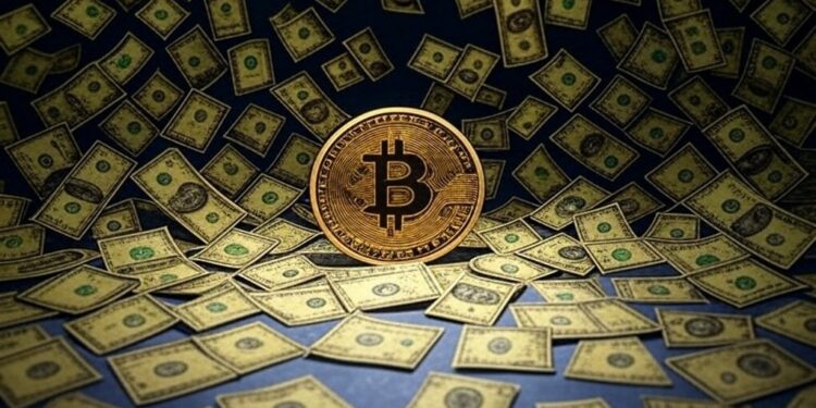 moneda de bitcoin rodeada de dólares.