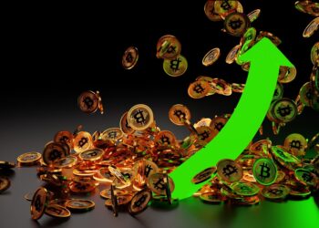Imagen de monedas de bitcoin y flecha verde que sube.