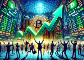Imagen de moneda de BTC, con gente festejando y flecha verde de subida.