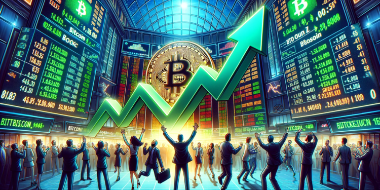 Imagen de moneda de BTC, con gente festejando y flecha verde de subida.