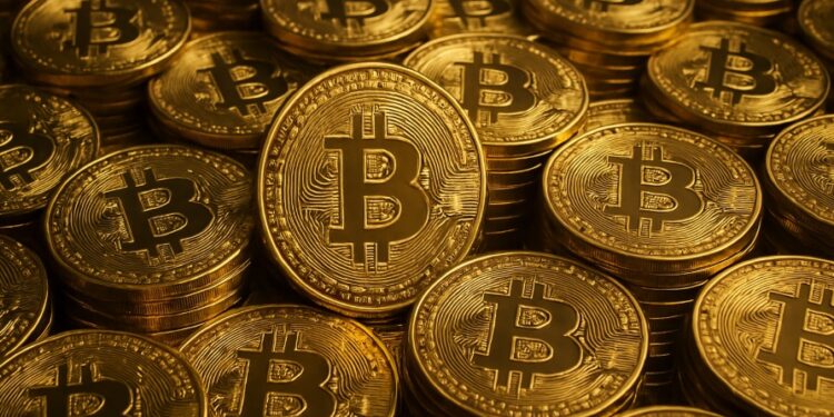 Monedas doradas con el logo de bitcoin.